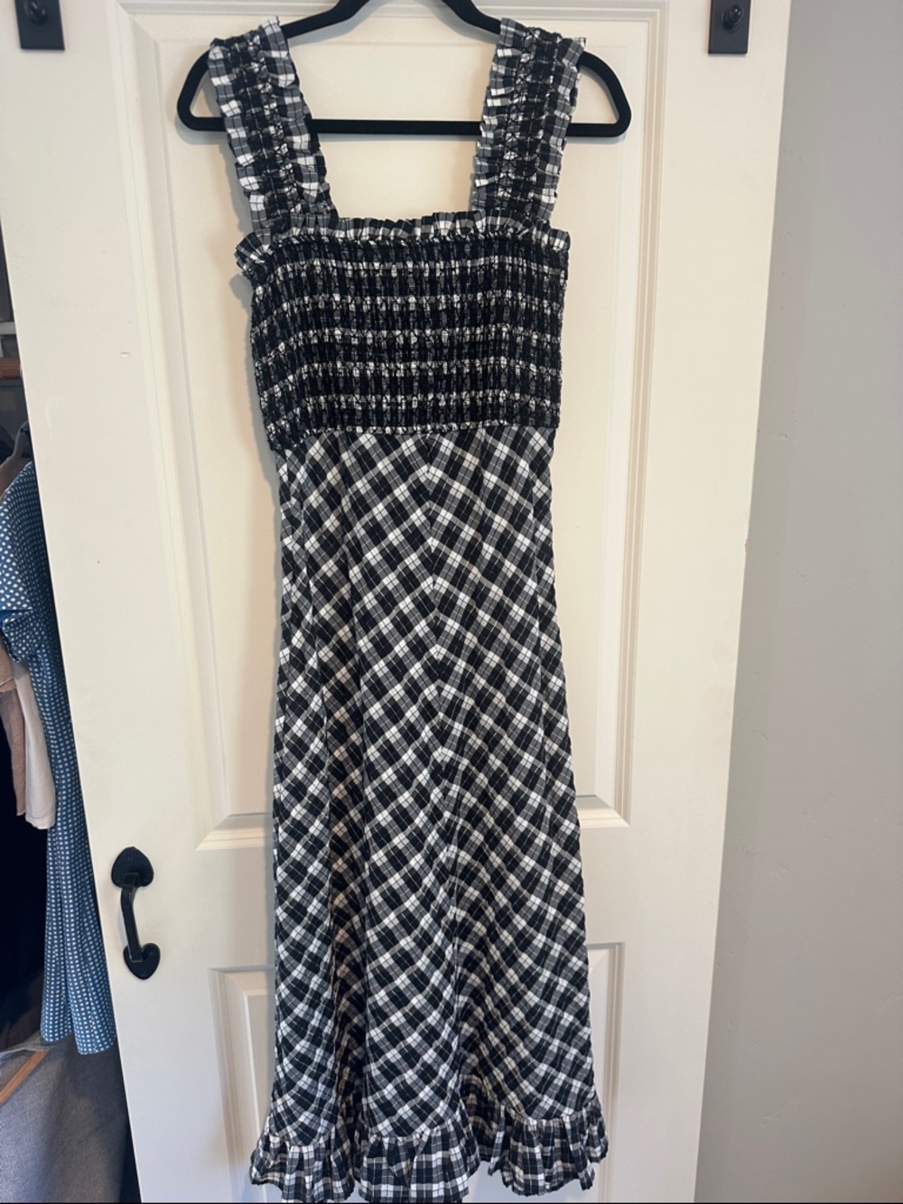 Ganni Black and White Plaid Smocked Strap Maxi Dress with Ruffle Hem - Picture 2 of 5